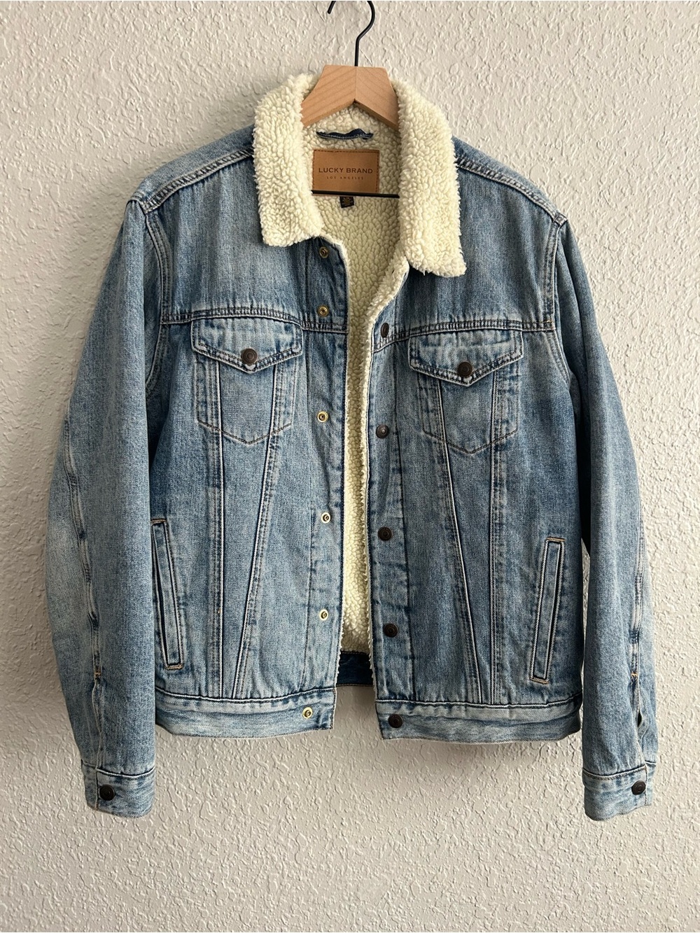Lucky Brand Light Wash Denim Sherpa Trucker Jacket